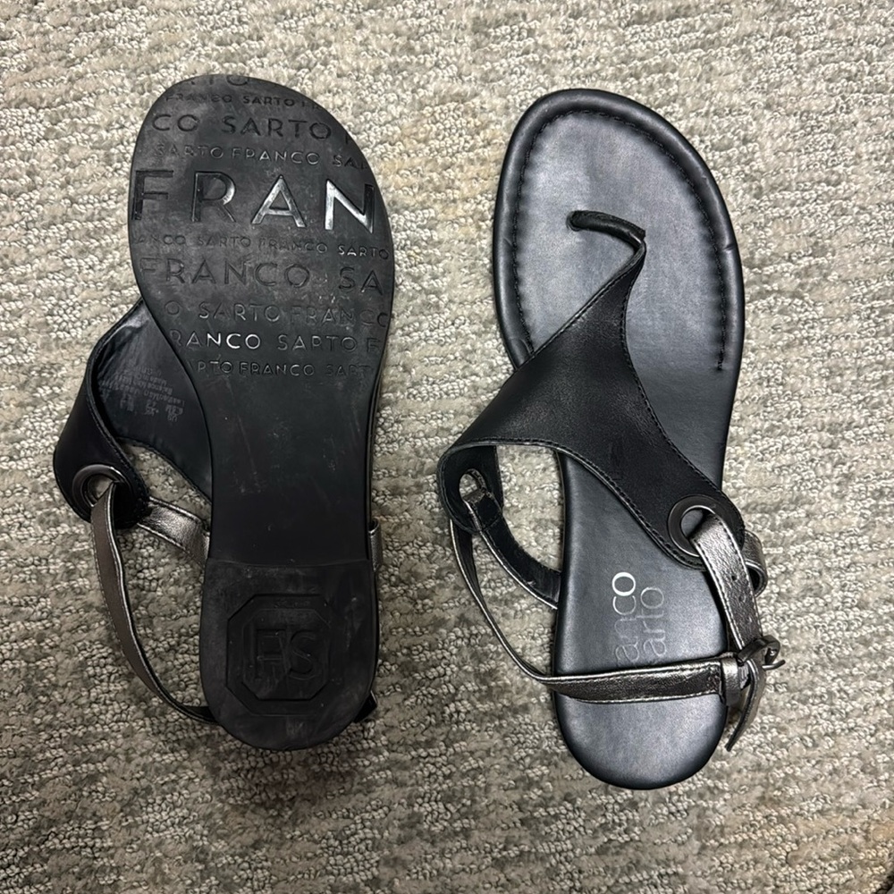 Size 6.5 Franco Sarto Black and Pewter Thong Flat Sandals